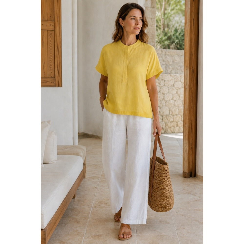 NWT Amelline 100% Linen Blouse XL Yellow Dolman Sleeve Hidden Placket Top